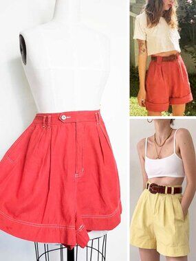 Liz Wear Vintage Womens 90s High Waist Red Bermudas Shorts Pleated Wide Leg